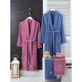 Sternen Glanz Unisex 4'lü Bornoz Set Nakışlı Baş Havlulu Çeyiz Seti Hamam Seti Banyo Seti %100 Pamuk - S - M - Mürdüm - Mavi