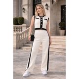 STF MODA Ekru Şerit Detaylı Sıfır Kol Crop-Pantalon Kadın Triko Takım