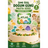 StickerAtölye İsme Özel Dinozor Temalı Doğum Günü Pasta Süsü – 9 Parça Kürdanlı Kişiye Özel Pasta Süsleme Seti