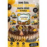 StickerAtölye İsme Özel İş Makineleri İnşaat Temalı Doğum Günü Pasta Süsü – 10 Parça Kürdanlı Pasta Süsleme Seti
