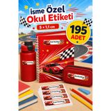 StickerAtölye İsme Özel Yarış Arabalı Okul Etiketi 195 Adet 5 x 1,1 cm