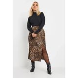 Stil Diva Büyük Beden Beli Lastikli Yırtmaçlı Leopar Desenli Midi Boy Etek 303706 - Kahverengi - 44