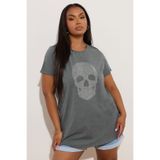 Stil Diva Büyük Beden Bisiklet Yaka Kısa Kollu Kuru Kafa Baskılı Taşlı T-shirt 304131