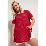 Stil Diva Büyük Beden Kadın V Yaka Kısa Kollu Dantel Desen Dokuma T-Shirt 304093 Kırmızı Stil - 50 - 52