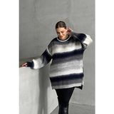 Stil Diva Büyük Beden Uzun Kollu Triko Kazak Kadın Bisiklet Yaka Renk Bloklu Tasarım - Siyah