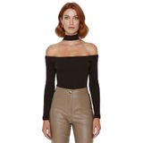 Stil Kadın Carmen Yaka Choker Detaylı Fitted Vücuda Oturan Fitilli Bluz Crop Örme Slim Kalıp_Kahverengi-M