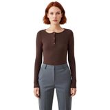 Stil Kadın Çıtçıtlı Fitted Vücuda Oturan Fitilli Esnek Bluz Regular Örme Slim Kalıp_Açık Kahverengi-S