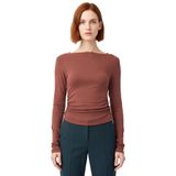 Stil Kadın Fitted Vücuda Oturan Büzgü Drape Detaylı Esnek Bluz Crop Örme Slim Kalıp Düşük Kol_Kahverengi-001-M