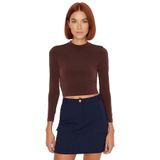 Stil Kadın Fitted Vücuda Oturan Kol Büzgülü Esnek Bluz Crop Örme Slim Kalıp_Kahverengi-XS