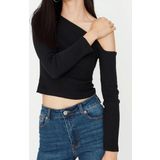 Stil Kadın Fitted Vücuda Oturan Omzu Açık Fitilli Bluz Crop Örme Slim Kalıp Düşük Kol
