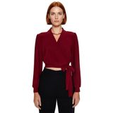 Stil Kadın Kruvaze Kapamalı Esnek Bluz Crop Örme Regular Kalıp Balon Kol_Bordo-XS