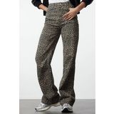 Stil Kadın Moda Denim Kot Pantolon Regular Geniş Paça Leopar Baskılı Kahverengi Yüksek Bel Jeans