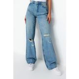 Stil Kadın Moda Denim Kot Pantolon Regular Geniş Paça Vintage Yırtık Detaylı Düşük Bel Jeans