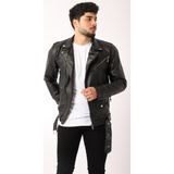 Stil Kombin Kuzey Beli Kemerli Slim Fit Erkek Suni Deri Ceket Polyester Siyah - 2XL