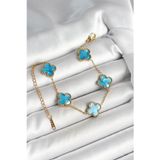 Stil Love 316L Çelik Sedefli Gökyüzü Mavisi Gold Renk Yonca Kadın Bileklik SL11981