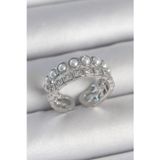 Stil Love Pirinç Gümüş Renk 2'Li Sıra Zirkon Taşlı Ve İncili Ayarlanabilir Kadın Yüzük SL11497