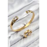 Stil Love Pirinç Zirkon Taşlı Ayrık Model Gold Renk Bileklik Yüzük Set