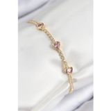 Stil Love Pirinç Zirkon Taşlı Pembe Kalp Model Gold Renk Kadın Bileklik