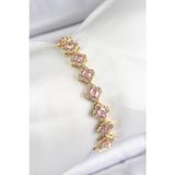 Stil Love Pirinç Zirkon Taşlı Pembe Yonca Baget Model Gold Renk VIP Seri Kadın Bileklik
