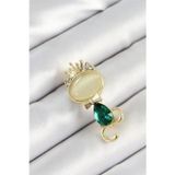 Stil Love Yeşil Damla Zirkon Taşlı Kraliçe Taçlı Kedi Figürlü Gold Renk Kadın Broş SL12075