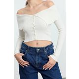 Stil Modern Kadın Crop Standart Kol Carmen Yaka Özel İplik Triko Hırka