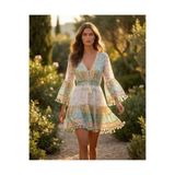 Stil Pastel Tonlu Dantel İşlemeli Bohem Mini Elbise - Püskül Detaylı Yazlık Tunik Beyaz Standart