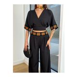 Stil Sepeti Kadın Siyah Etnik Desenli Keten V Yaka Crop Bluz Pantolon Takım TL-100045632