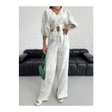 Stil Sepeti Kadın Yeşil Nakışlı V Yaka Belden Kuşaklı Crop Bluz Yüksek Bel Pantolon Keten Takım TL-10048961