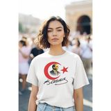 Stıl-X Atatürk ve Türk Bayrağı Baskılı Bisiklet Yaka %100 Pamuklu Kadın Tshırt - Beyaz - XL