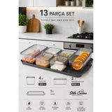 Stile Cucina 13 Parça Tepsili Kahvaltılık Saklama Kabı Seti – 4x300 ml Kare Kap, 2x600 ml Dikdörtgen Kap, BPA İçermeyen Kapaklı Düzenleyici Set - Antrasit