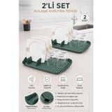 Stile Cucina 2’li Set Bulaşık Kurutma Tepsisi Su Tahliyeli Büyük Boy Mutfak Düzenleyici Tabaklık ve Bardak Kurutmalık - Yeşil