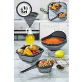 Stile Cucina 4'lü Akordiyon Katlanır Süzgeç Seti - Mutfak Çeyiz Seti - (Akordeon Saplı Pirinç Süzgeci Huni Gri)
