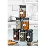 Stile Cucina 6' Lı Silikon Kapak Kaşıklı Ve Etiketli Baharatlık Seti 380 Ml Etiketli Cam Baharat Takımı Siyah