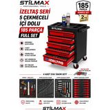 Stilmax 5 Çekmeceli 185 Parça Izeltaş Seri Xl Trend Dolu Takım Arabası Usta Servis Atölye Dolabı - Beyaz - Kırmızı