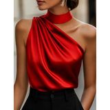 Stilvibe Kadın Saten Tek Omuzlu Boğazlı Bluz - Kırmızı - 2XL - 3XL