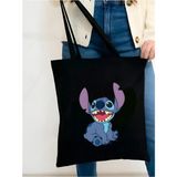 Stitch Siyah Kanvas Tote Bag Bez Çanta, Pinterest Çanta, Kitap Çantası - 10D-Krem