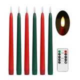 Stmarry Uzaktan Kumandalı Yeşil ve Kırmızı Alevsiz Konik Mumlar - 11 İnç LED Şamdanlar Pille Çalışan, Fitil ile Gerçekçi 3D Alev, Zamanlayıcı, 6 Paket Tatil Mumları Noel Dekoru
