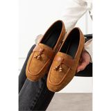 STOCON Padova Taba Mini Taşlı Püsküllü Ahşap Boncuk Detaylı Süet Loafer Babet Günlük Ayakkabı STC1259