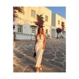 Stone Halter Yaka Krem İpek Saten Elbise