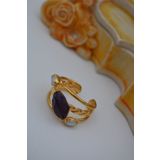 STONEAGE JEWELLERY Kırma Ametist ve İnci Tasarım Bayan Yüzük (Altın / Dore)