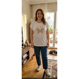Stor Kadın Beyaz Büyük Beden Pamuklu Kelebek Baskılı Taşlı Yarasa Kol Salaş Tişört
