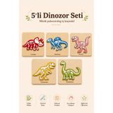 Store Ahşap Dinozor Puzzle 5 Adet Oyuncak Seti - Montessori Eğitici Bul Tak Yapboz 3+ Yaş