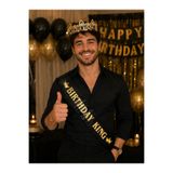 Store Altın Renk Siyah Taşlı Kral Tacı ve “BIRTHDAY KING” Yazılı Siyah Kuşak – Erkek Doğum Günü Seti