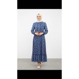 Store Çiçek Desenli Uzun Şifon Tesettürlü Elbise - 01-Mavi - 38