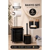 Store HGY Home Siyah Yedekli Wc Kağıtlık ve Dalga Desenli Ahşap Detaylı 6 Parça Banyo Seti