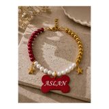 Store İsimli Kırmızı Gold Kedi Tasması Köpek Tasması İnci Boncuklu Pet Kolye Metal Kemik Künyeli Tasma Kırmızı Tasma Pet Aksesuar
