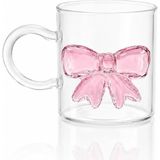 Store Pembe Fiyonklu Cam Kupa – 3D Kabartmalı Kurdele Detaylı Şeffaf Kupa Bardak, Sevimli Kahve ve Çay Kupası, Estetik Mutfak Hediyesi - 1 Adet - 0 - 200 ml