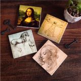 Storemax Da Vinci Mona Lisa, Genç Bir Kadının Baş Profili, Vitruvius Adamı, At Heykeli Taş Bardak Altlığı Seti - 4 Parça - Dekoratif, Rustik Mutfak Aksesuarı, 10X10 Cm, Kaydırmaz Tabanlı SC137