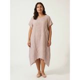 Stori Büyük Beden Keten Elbise Asimetrik Çizgili Patchwork Kiremit - 2XL - Bordo - Beyaz