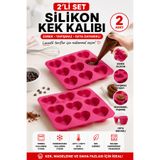 Stork 2 Adet 9'lu Kalp Şekilli Silikon Kek ve Çikolata Kalıbı - Pembe Mini Muffin ve Lokmalık Tatlı Kalıbı